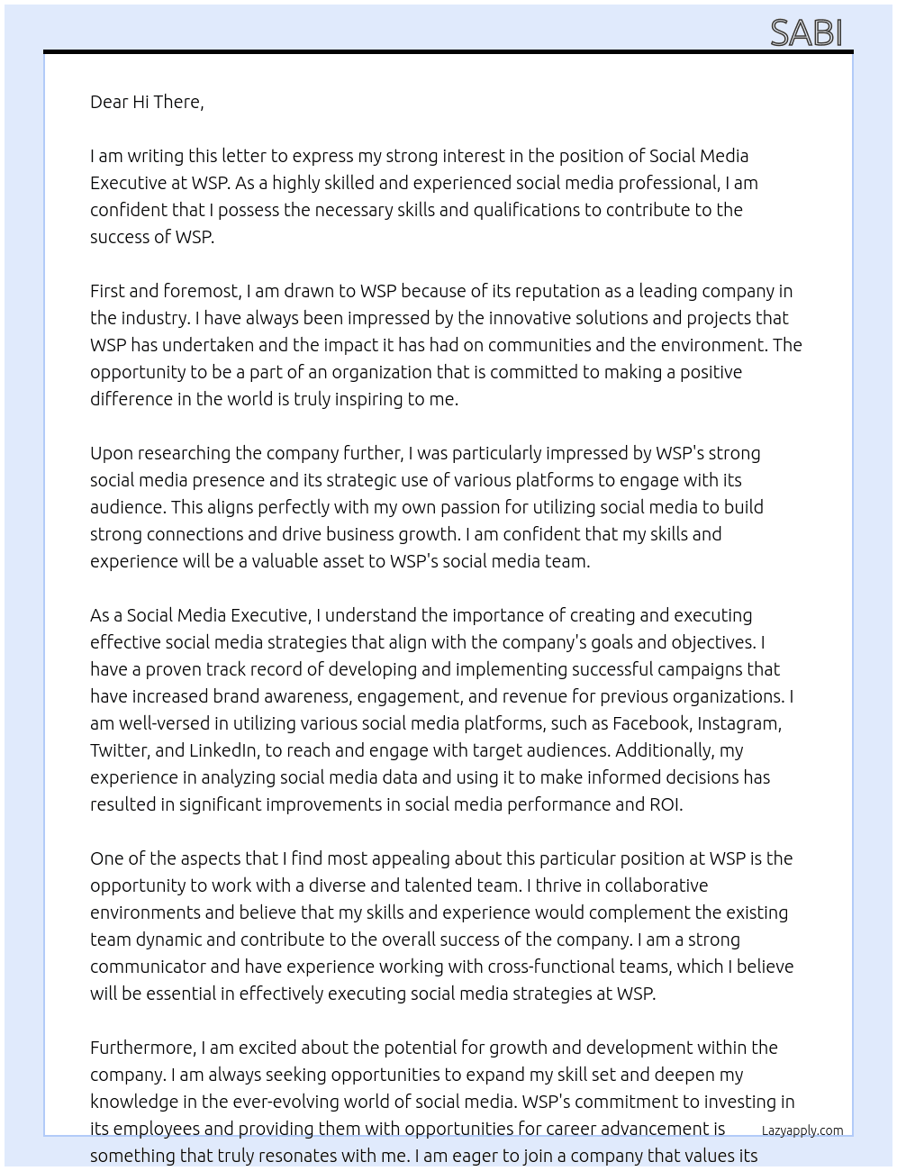 Social Media Executive At WSP Cover Letter
