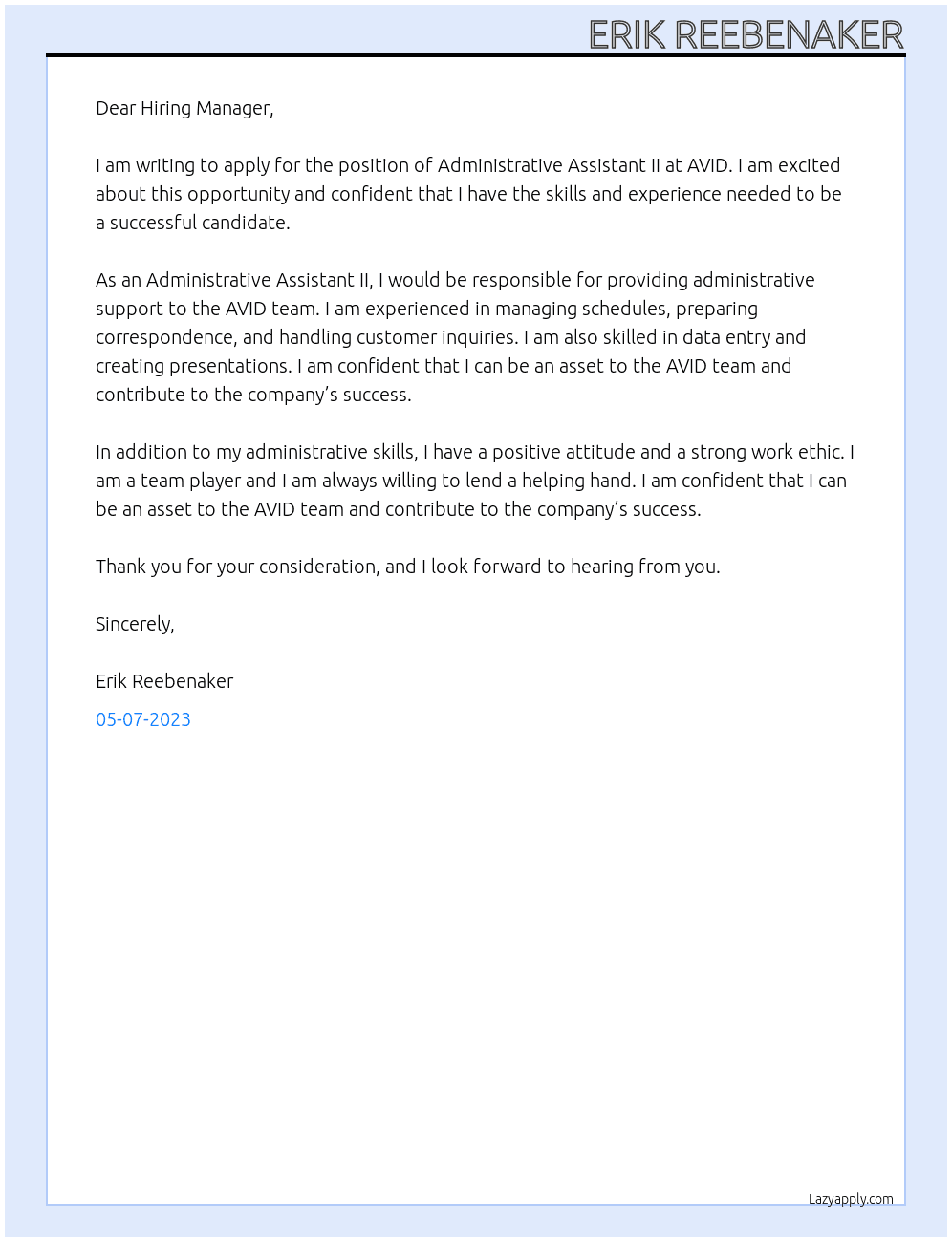Administrative Assistant II At AVID Cover Letter