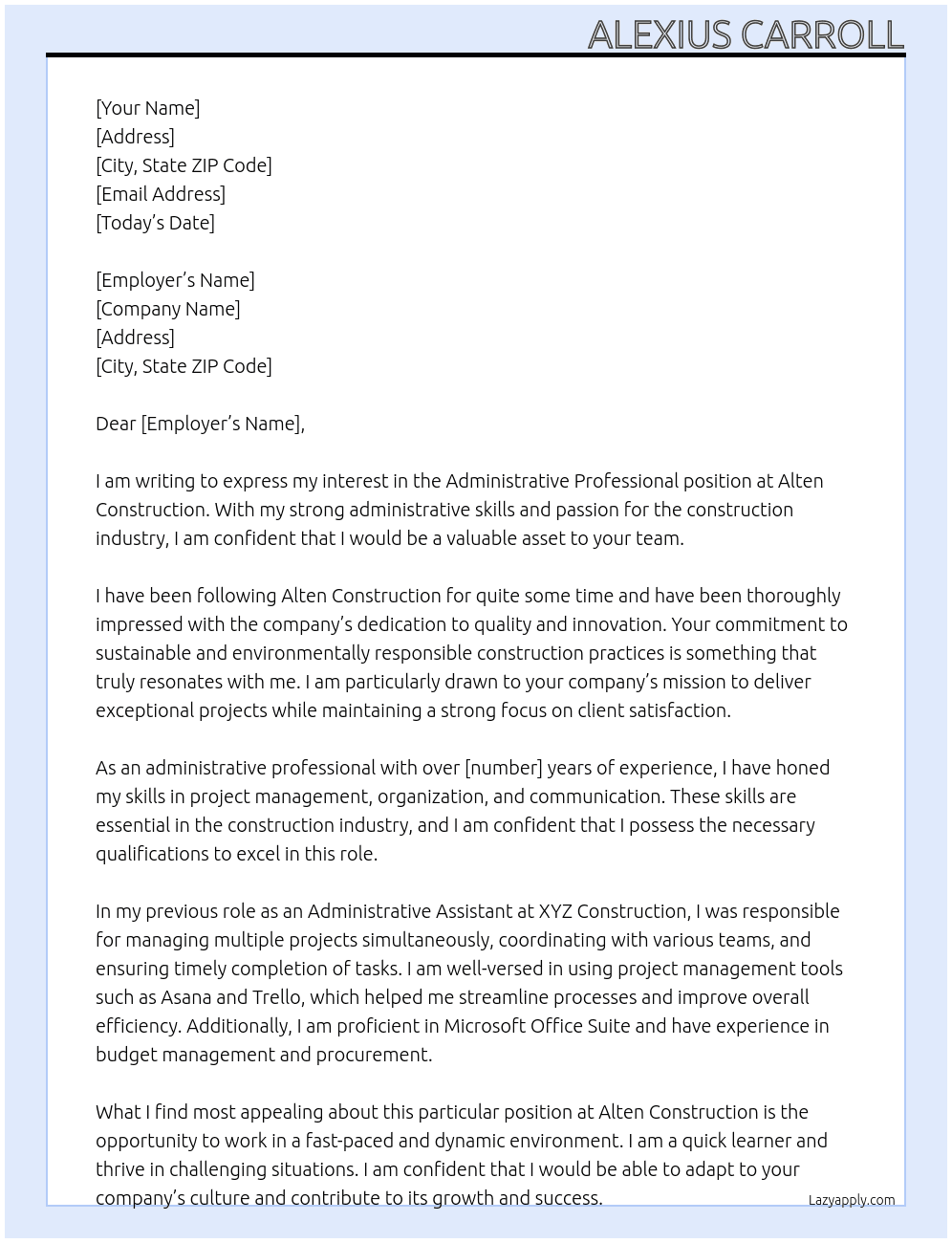 Administrative Professional At Alten Construction Cover Letter