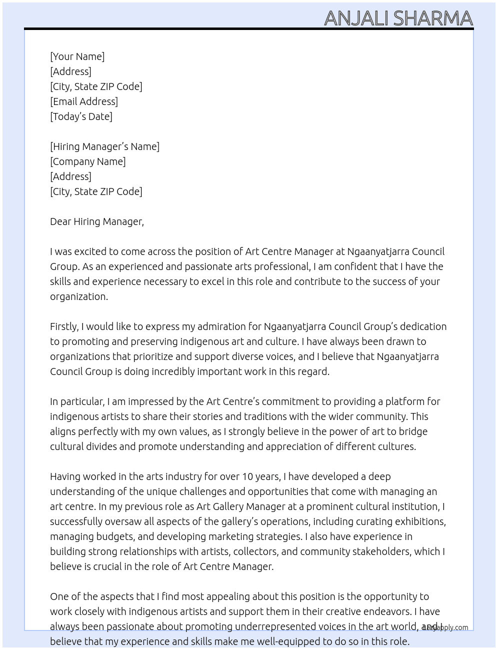 Art Centre Manager  At Ngaanyatjarra Council Group Cover Letter