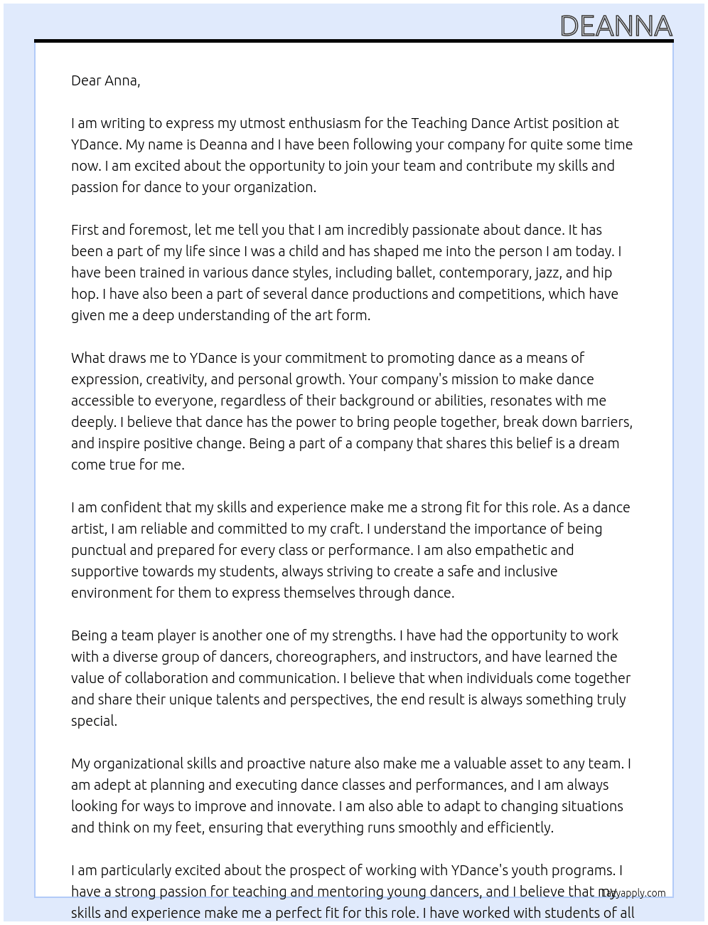teaching dance artist At YDance Cover Letter