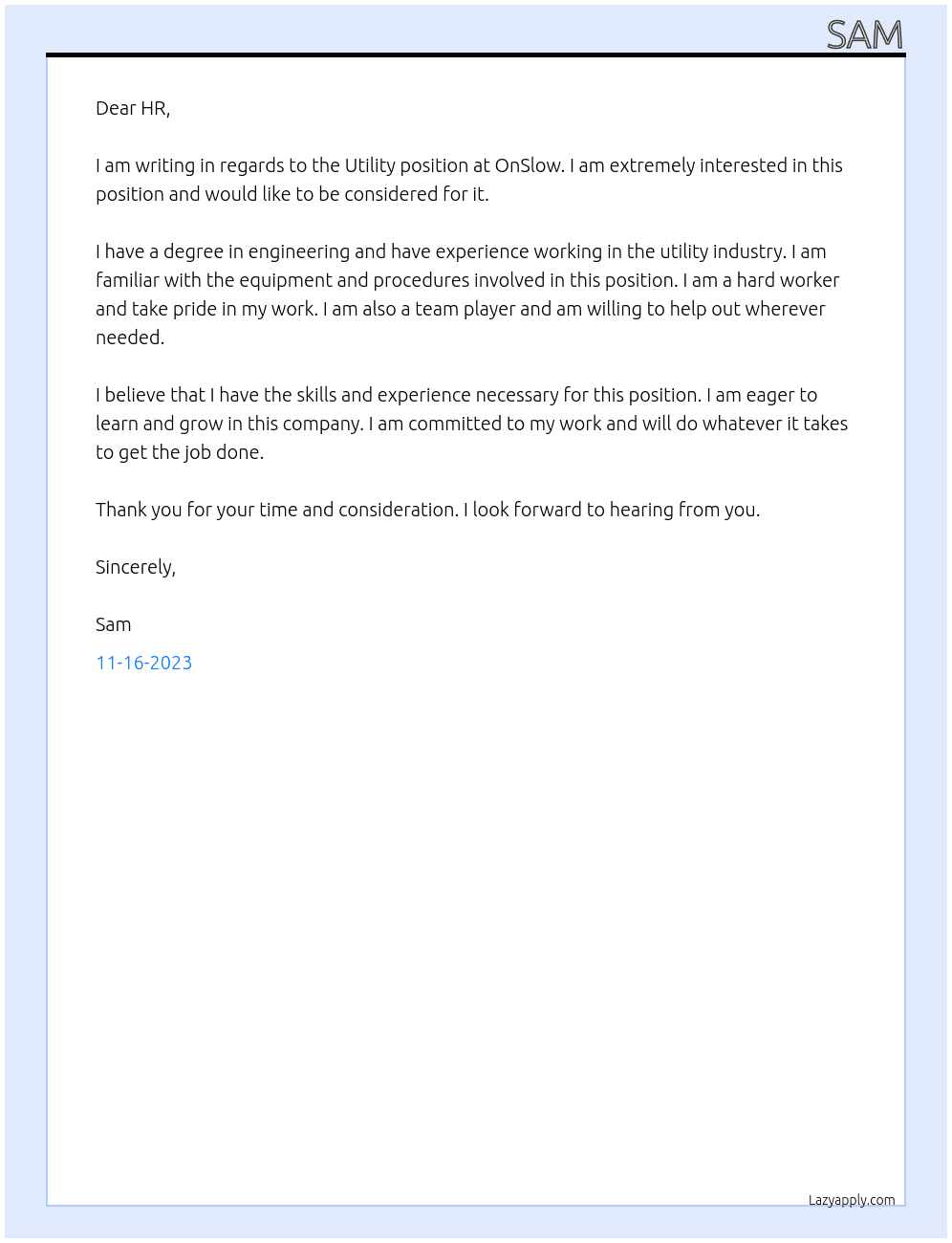 Utility At OnSlow Cover Letter