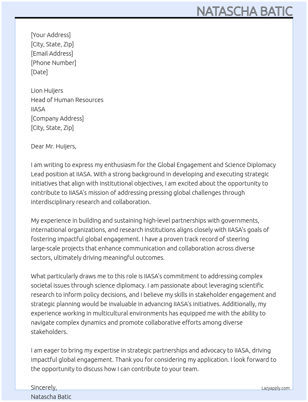 Global Engagement and Science Diplomacy Lead At IIASA  Cover Letter