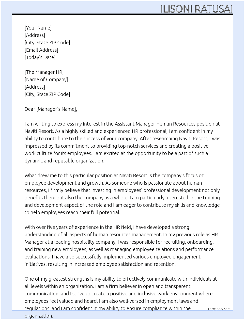 Assistant Manager Human Resources At Naviti Resort Cover Letter