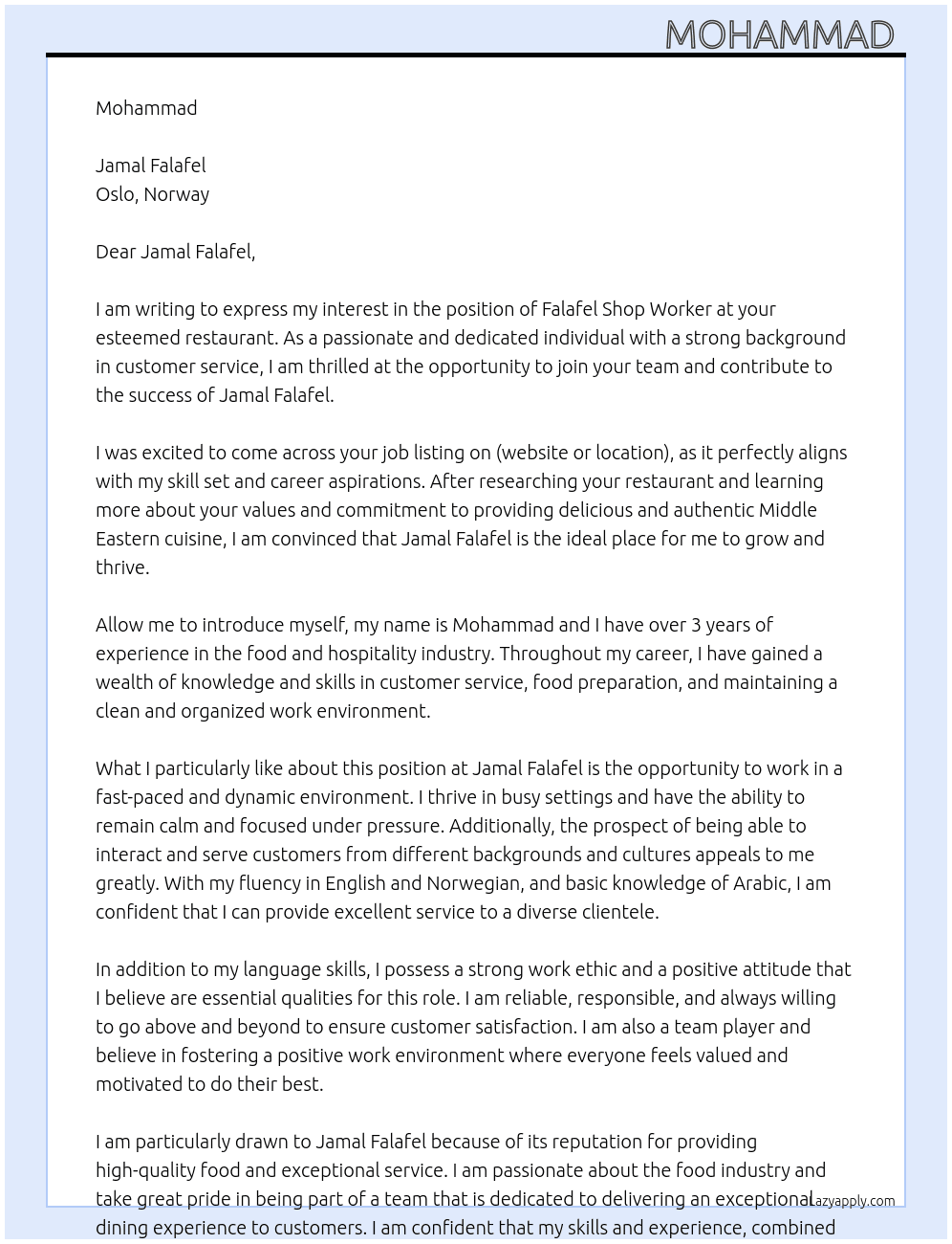 Falafel shop worker At Jamal falafel Cover Letter