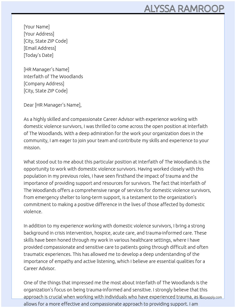 Career Advisor At Interfaith of The Woodlands Cover Letter
