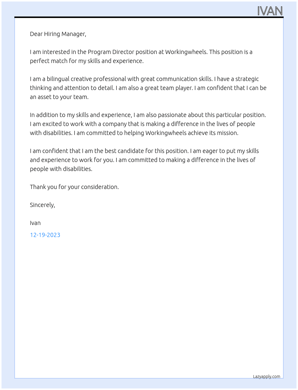 program director  At workingwheels Cover Letter