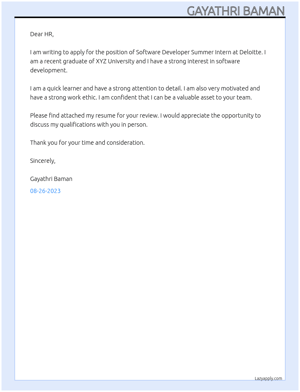 Software Developer Summer Intern At Deloitte Cover Letter