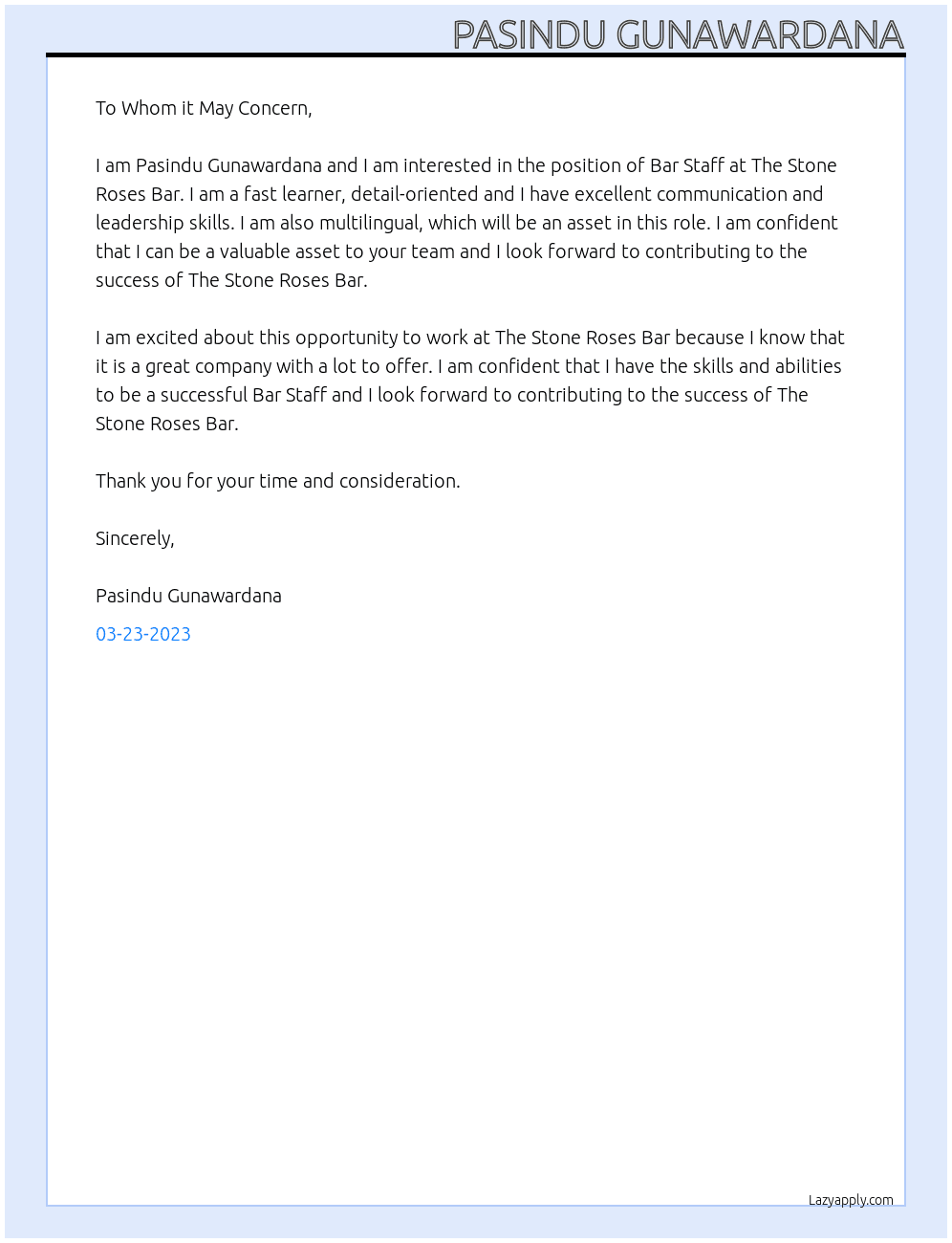 Bar Staff  At The Stone Roses Bar Cover Letter