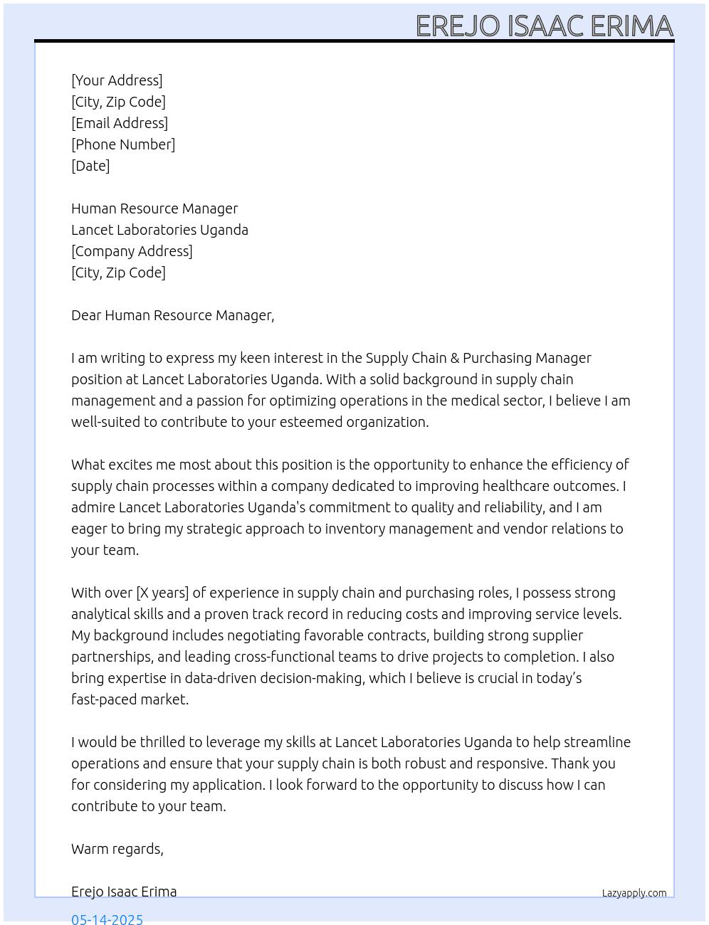 Cover letter for supply chain & purchasing manager - LazyApply
