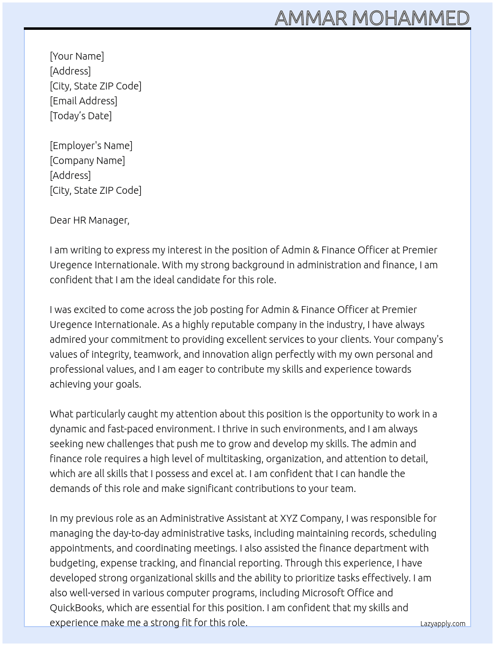 Admin & Finance Officer At Premier Uregence Internationale Cover Letter
