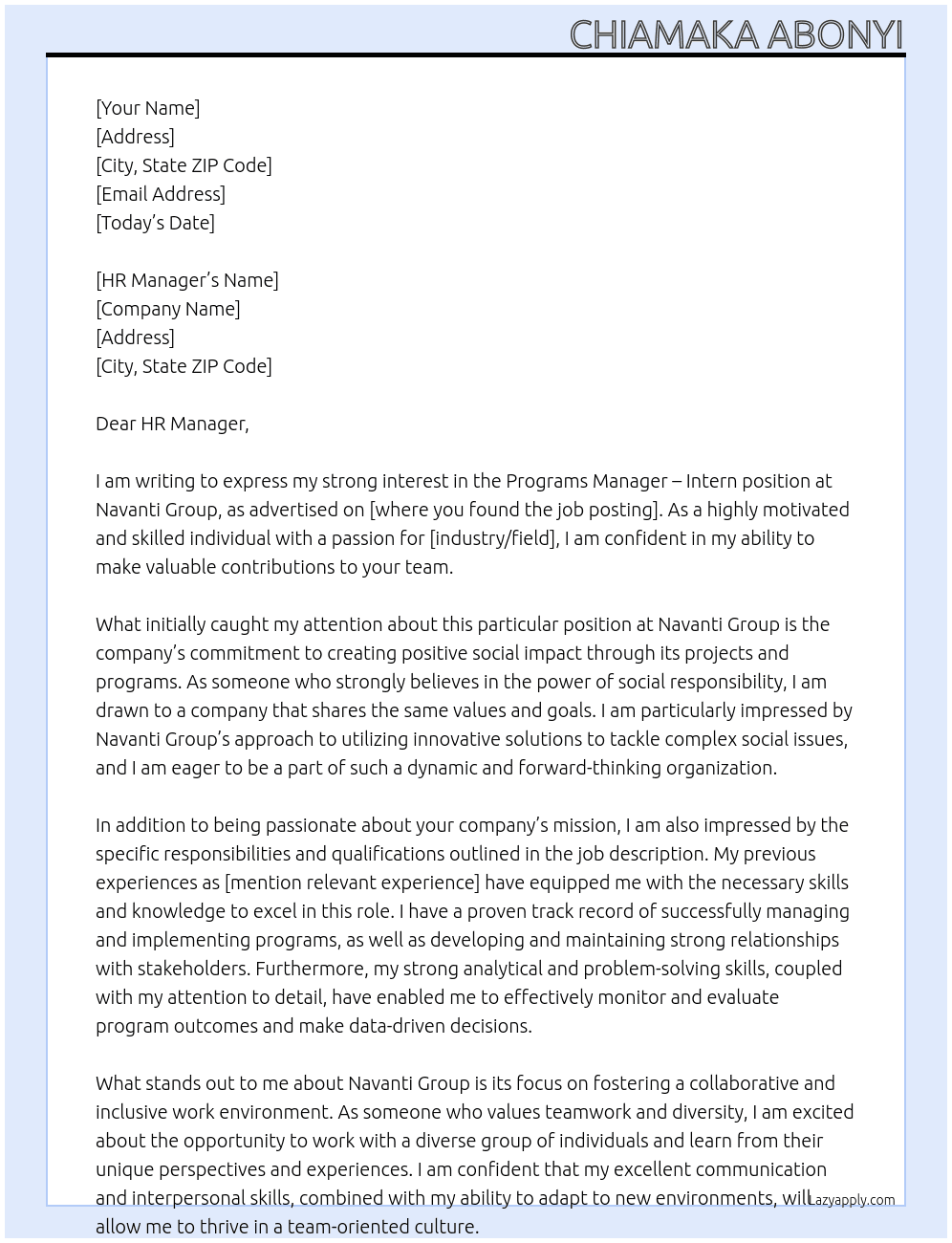 PROGRAMS MANAGER- INTERN At NAVANTI GROUP Cover Letter