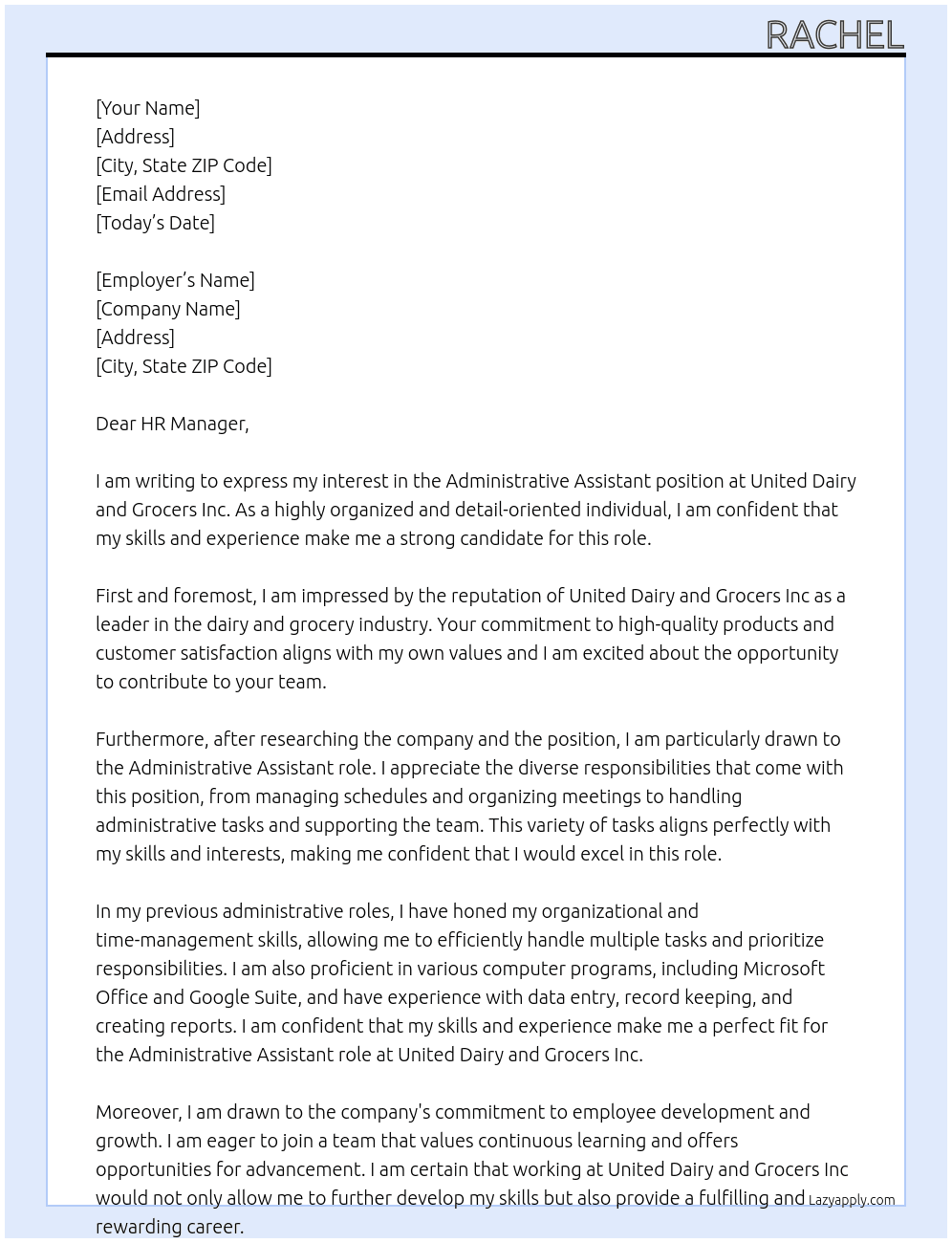 Administrative Assistant  At United Dairy and Grocers Inc Cover Letter