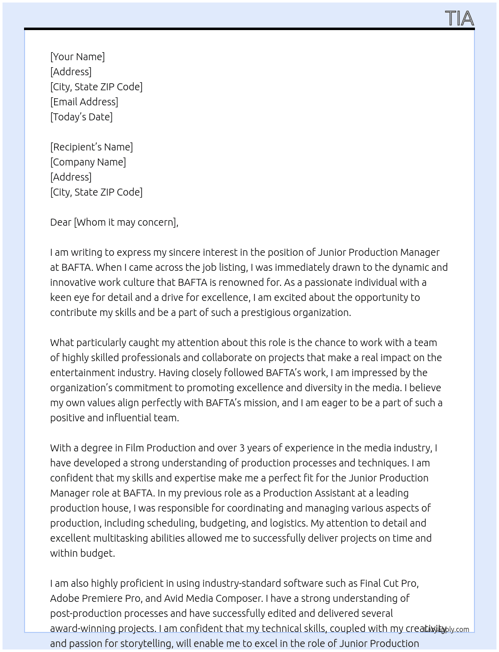 Junior Production Manager At BAFTA Cover Letter