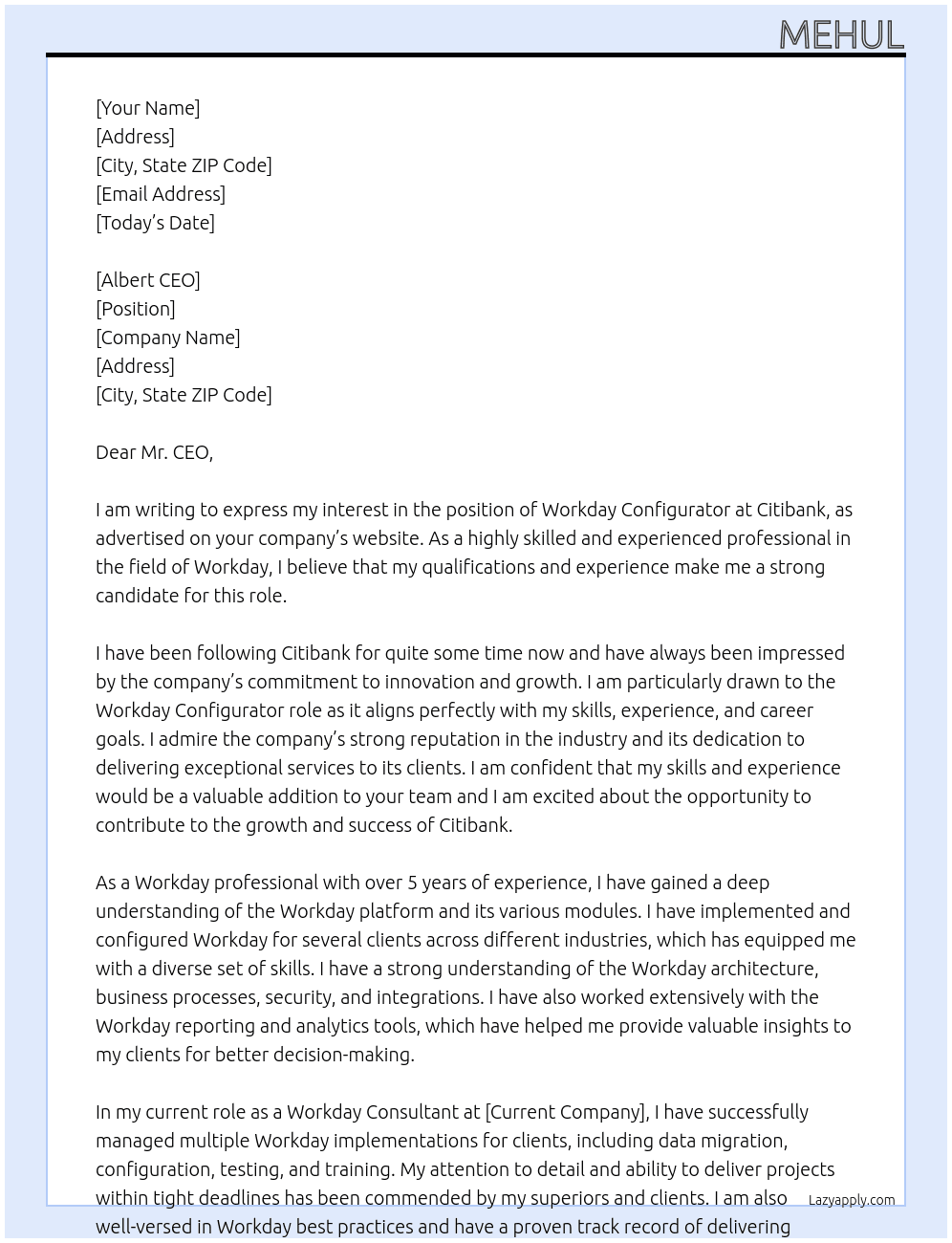 Workday Configurator At Citibank Cover Letter
