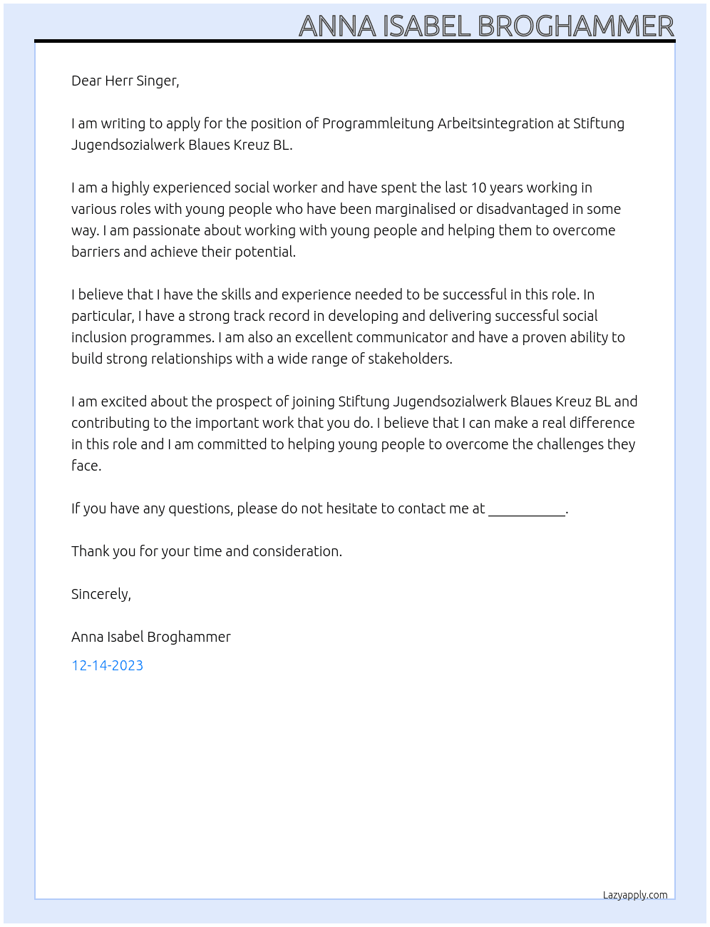 Programmleitung Arbeitsintegration At Stiftung Jugendsozialwerk Blaues Kreuz BL Cover Letter