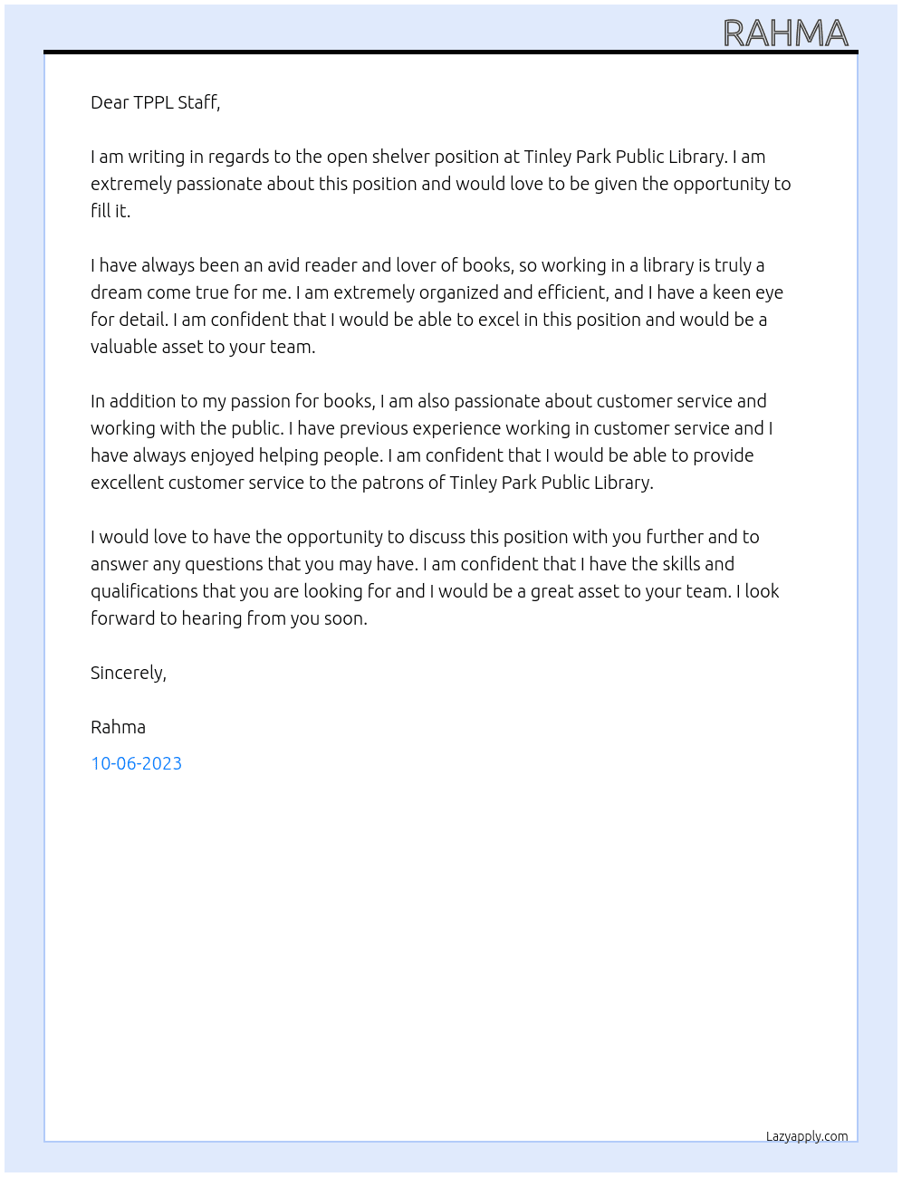 Shelver At Tinley Park Public Library  Cover Letter