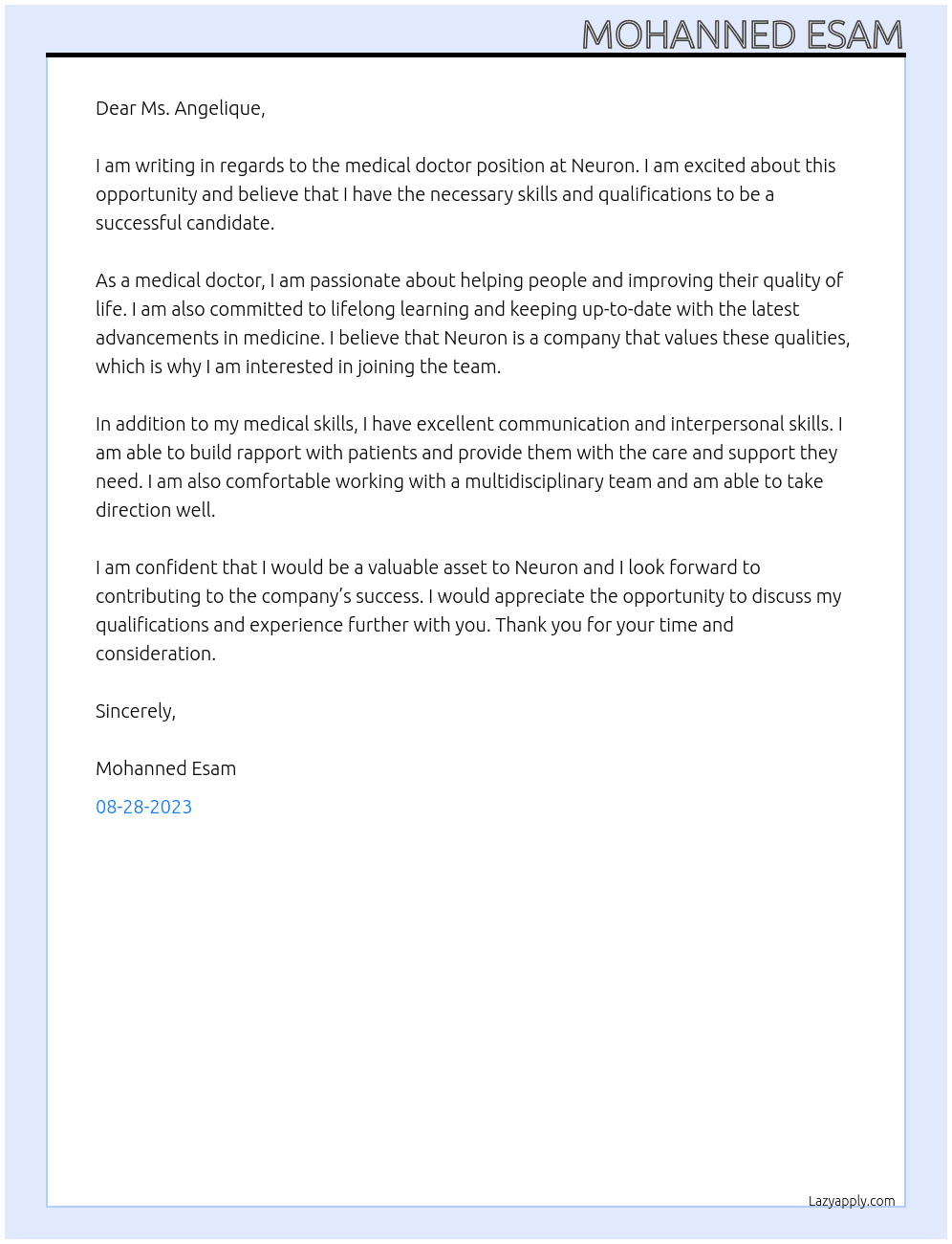 medical doctor At neuron Cover Letter