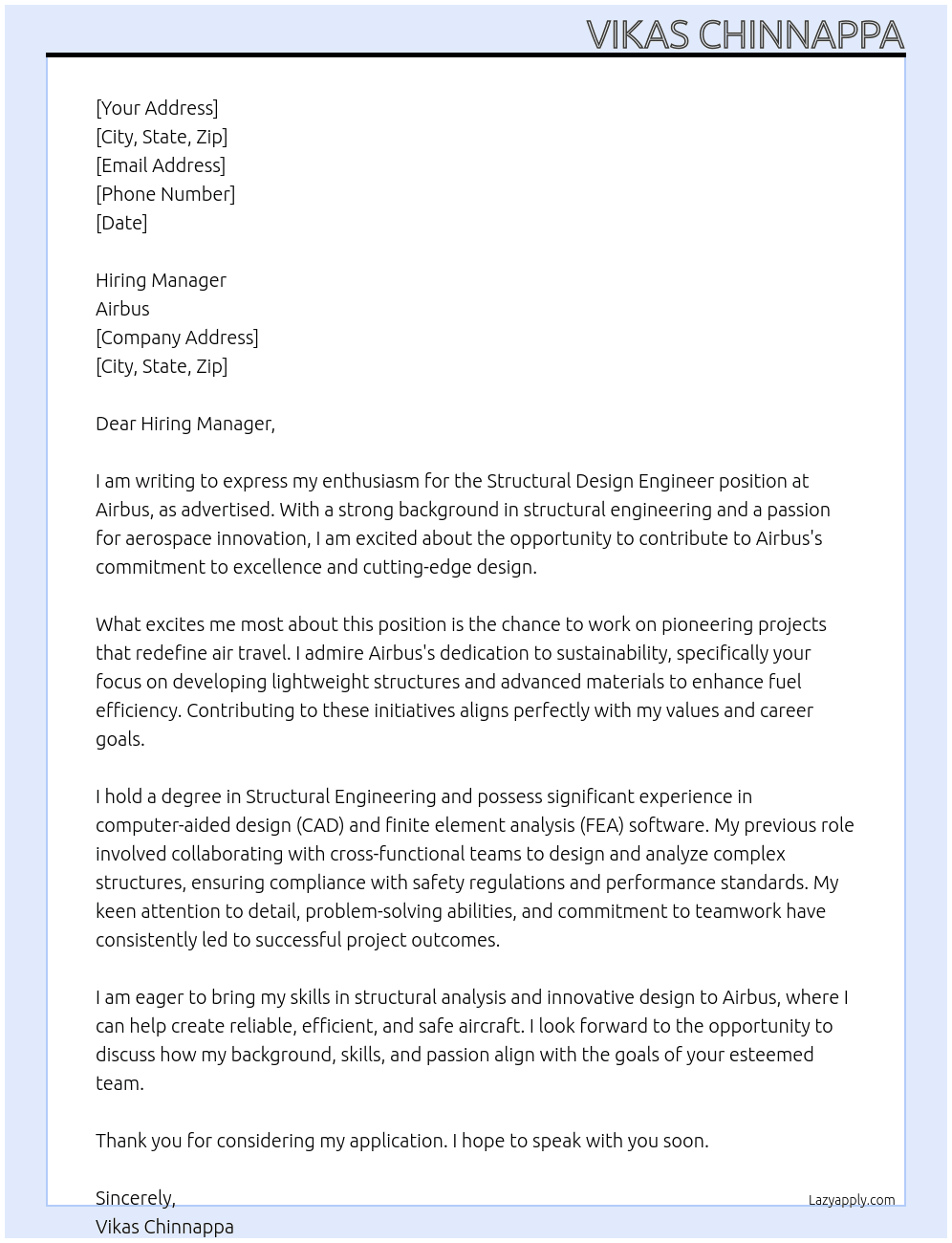 Structural Design Engineer At Airbus Cover Letter