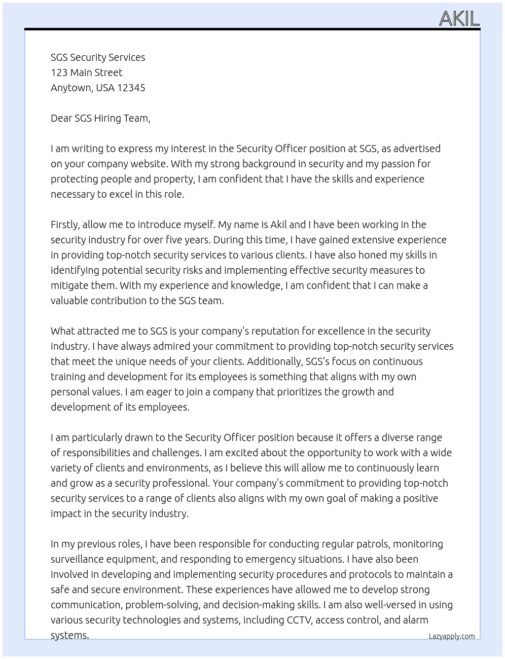 Security officer  At SGS Cover Letter