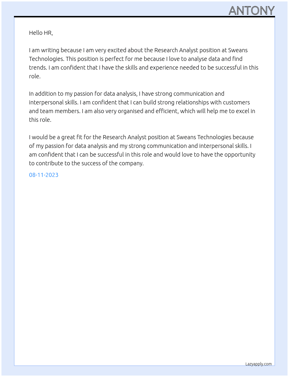 Research Analyst  At Sweans Technologies  Cover Letter