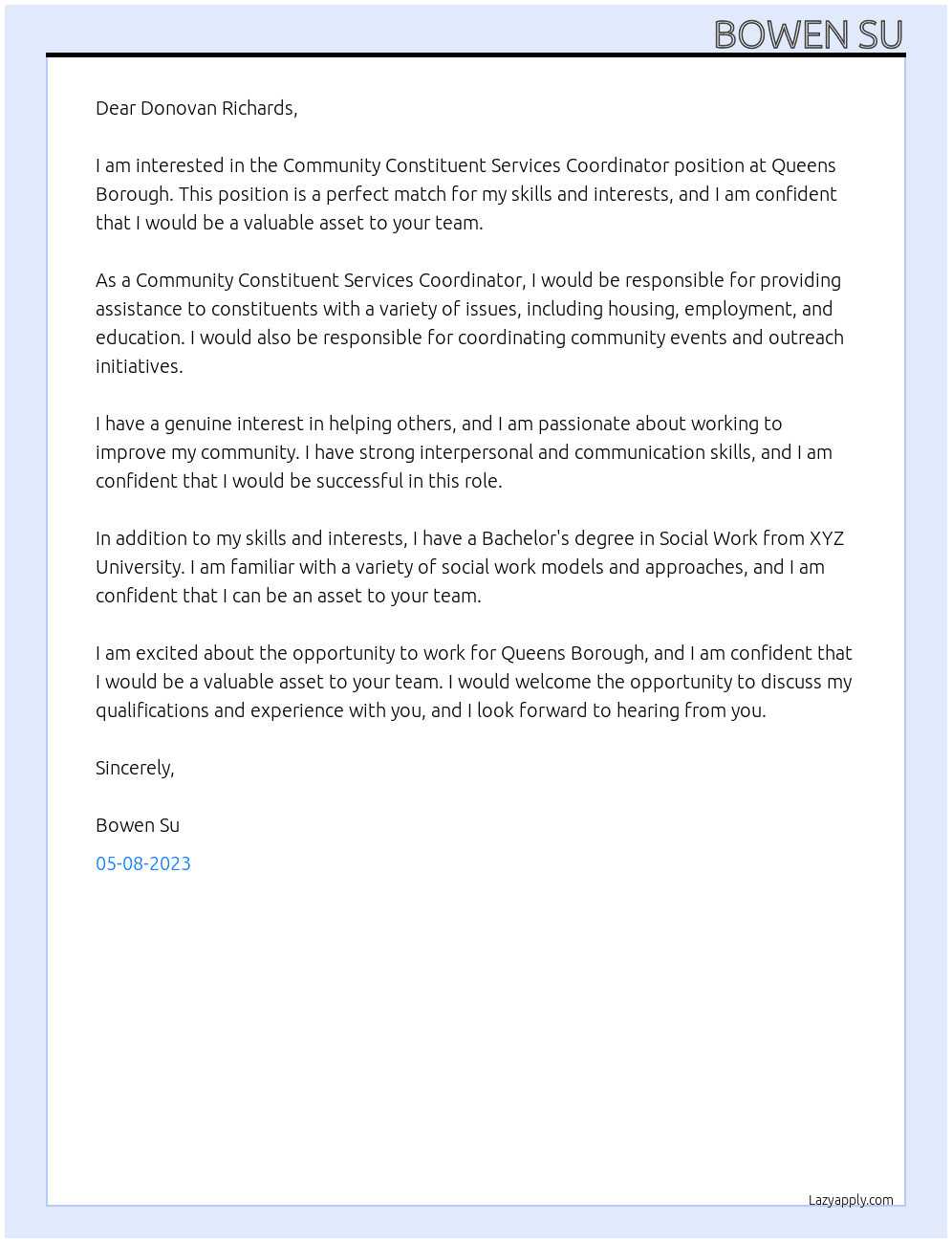 Community Constituent Services Coordinator At Queens Borough Cover Letter