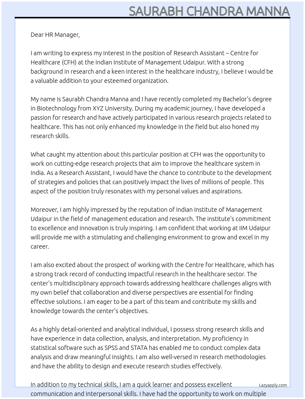 Research Assistant – Centre for Healthcare (CFH) At www.iimu.ac.inIndian Institute of Management Udaipur  Cover Letter