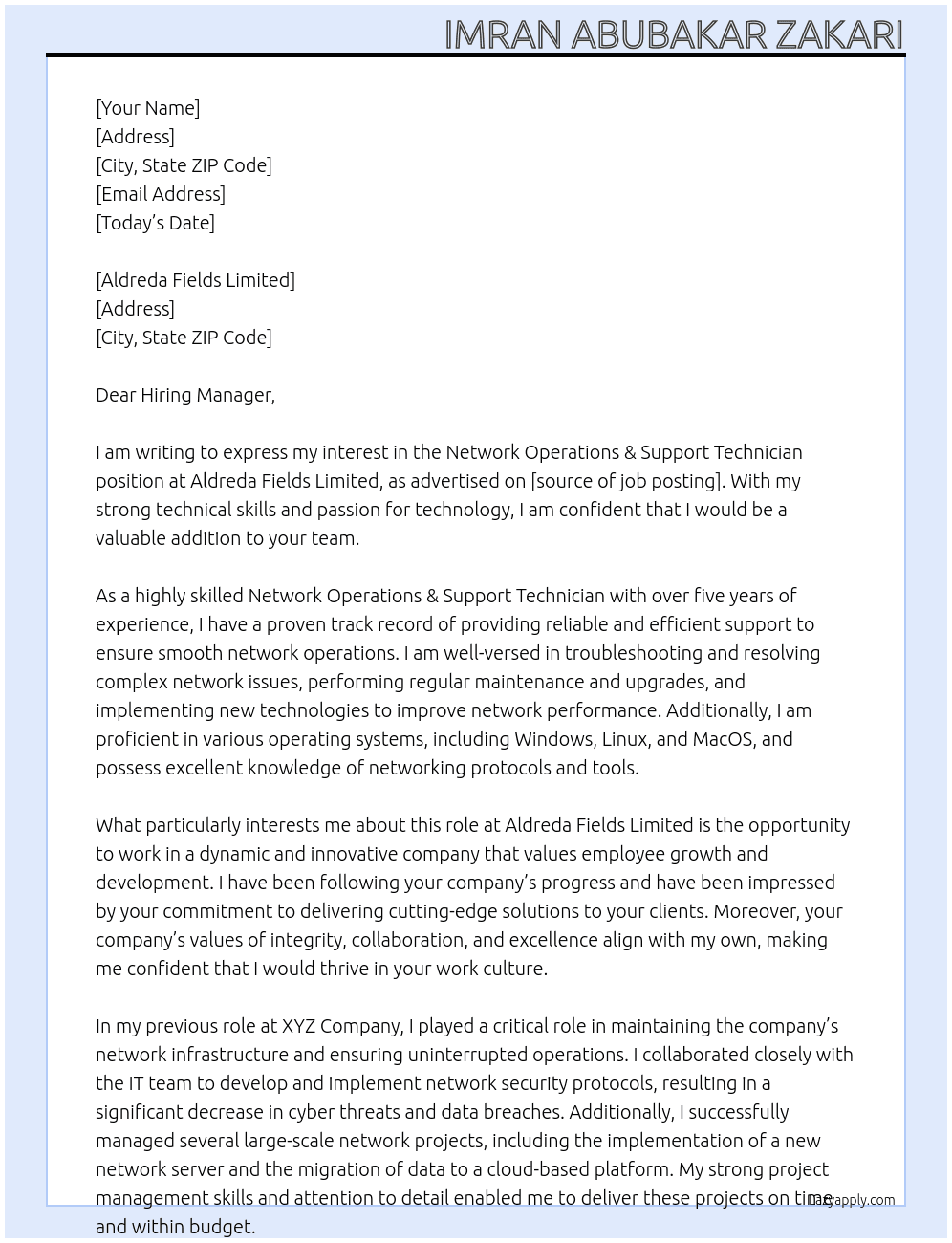 Network Operations & Support Technician At Aldreda Fields Limited Cover Letter