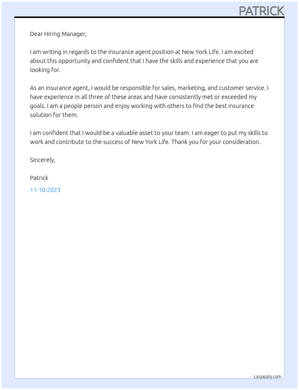 Insurance Agent At New York Life Cover Letter