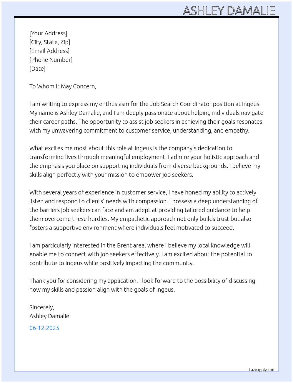 Job search coordinator  At Ingeus Cover Letter