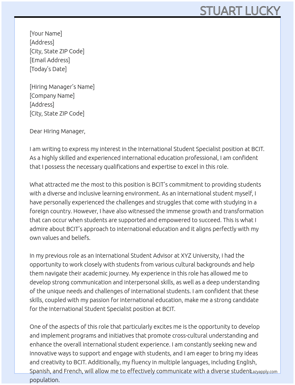 International Student Specialist At BCIT Cover Letter