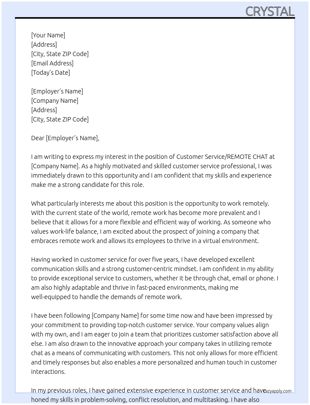 Customer Service / REMOTE CHAT At Customer Service / REMOTE CHAT Cover Letter