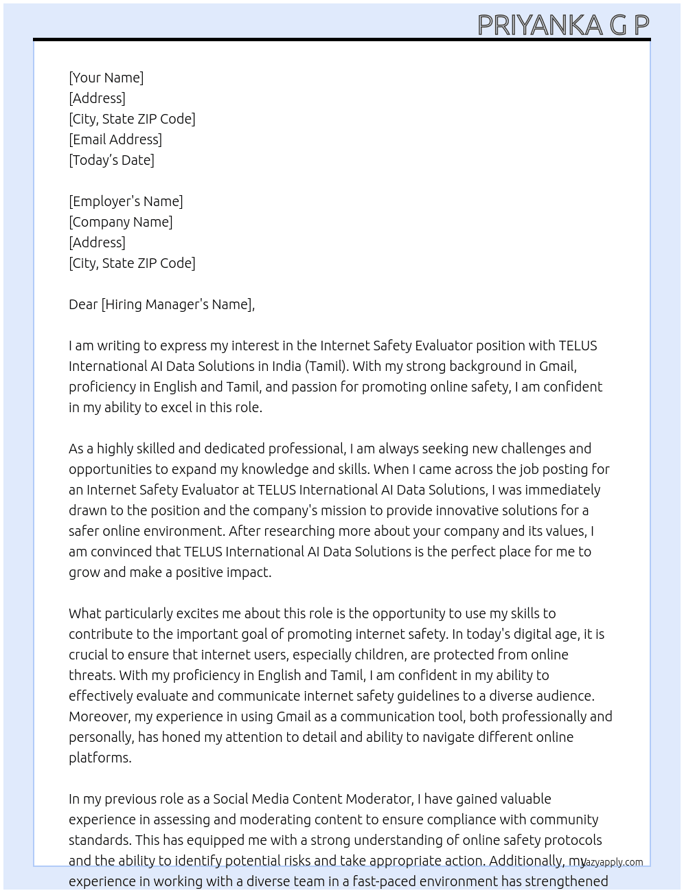 Internet Safety Evaluator in India (Tamil) At TELUS International AI Data Solutions Cover Letter
