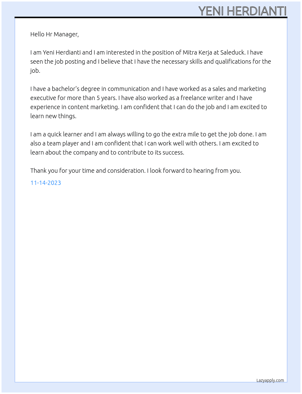 Mitra Kerja At Saleduck Cover Letter