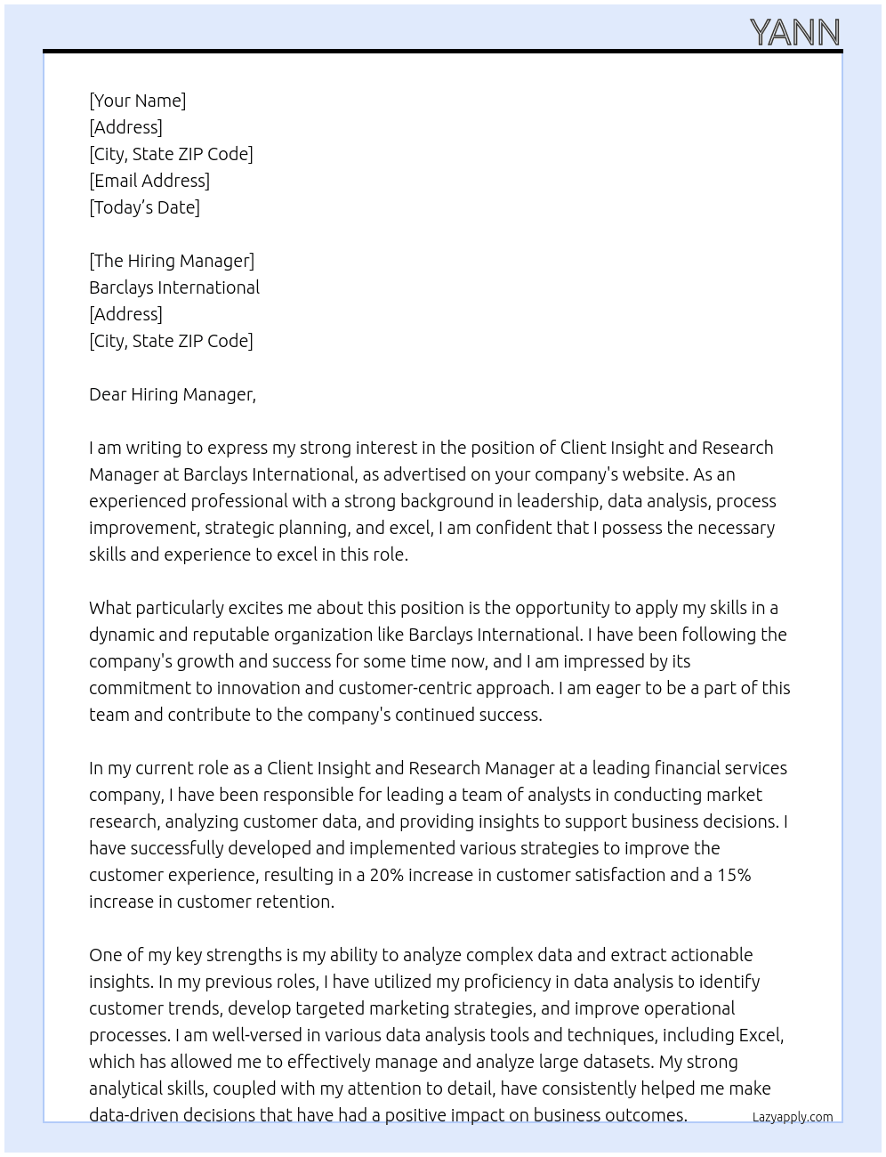 Client Insight and Research Manager At Barclays International Cover Letter