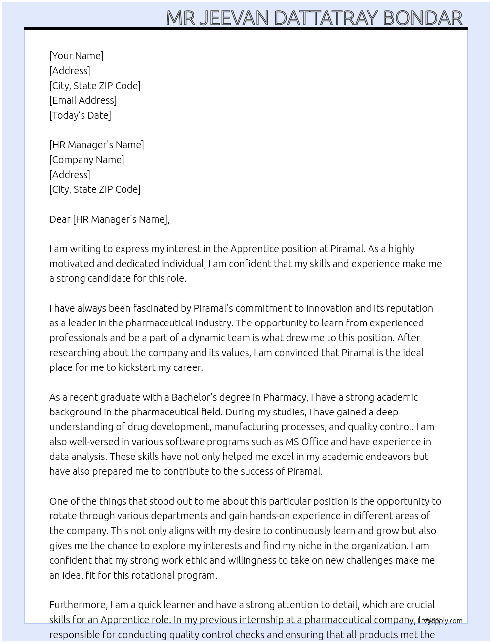 Apprentice At Piramal Cover Letter
