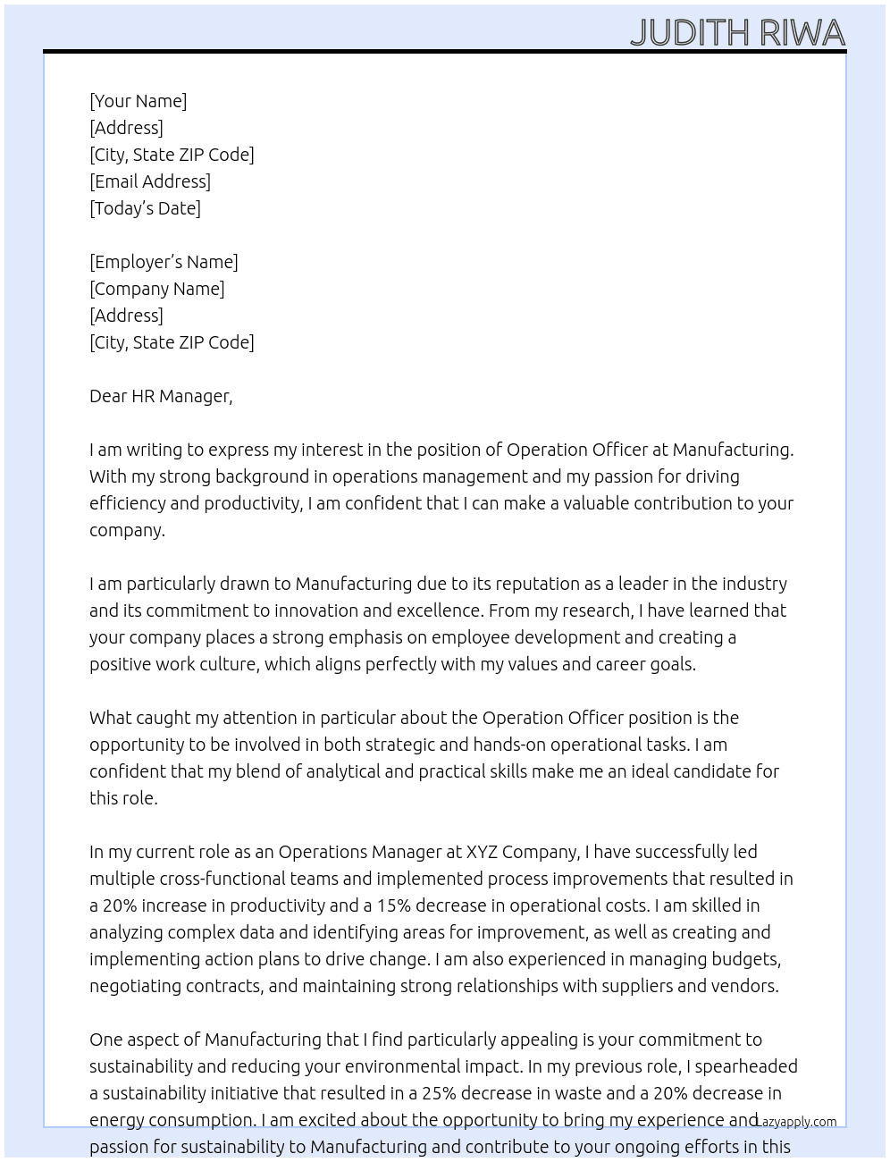Operation Officer At Mamufacturing Cover Letter