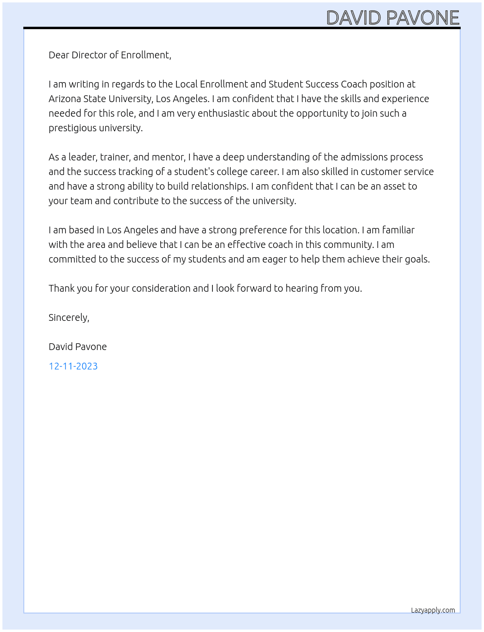  Local Enrollment and Student Success Coach At Arizona State University , Los Angeles Cover Letter