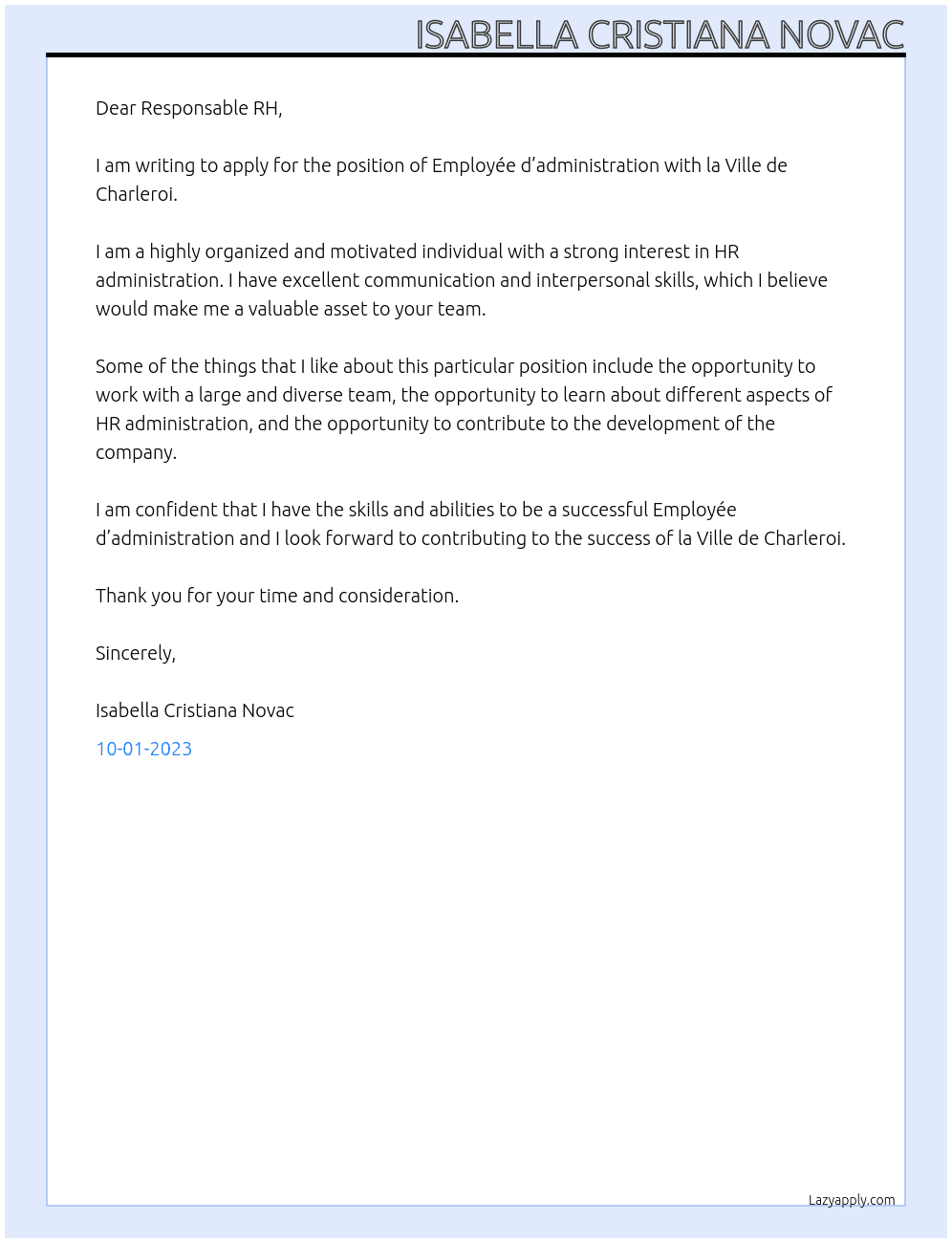 Employée d’administration At la Ville de Charleroi Cover Letter