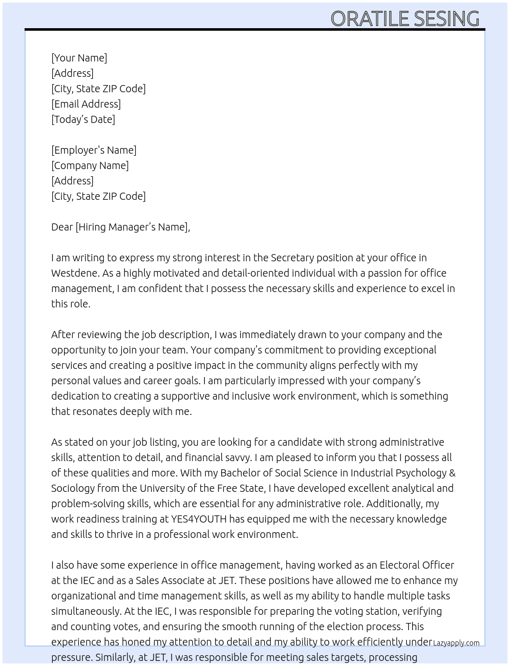 Secretary At office in westdene Cover Letter
