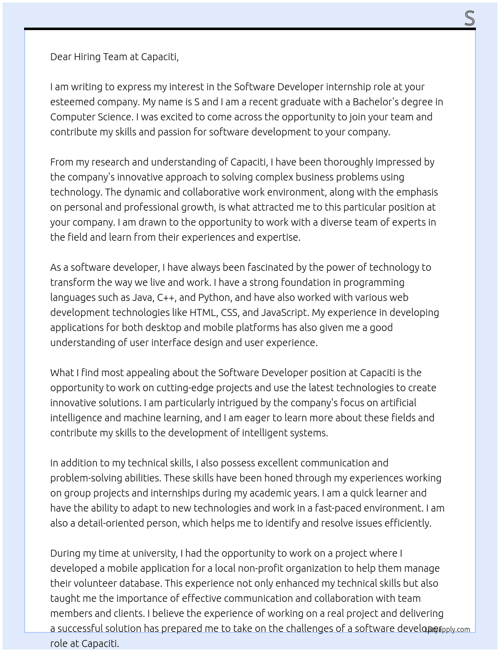 Software Developer At Capaciti Cover Letter