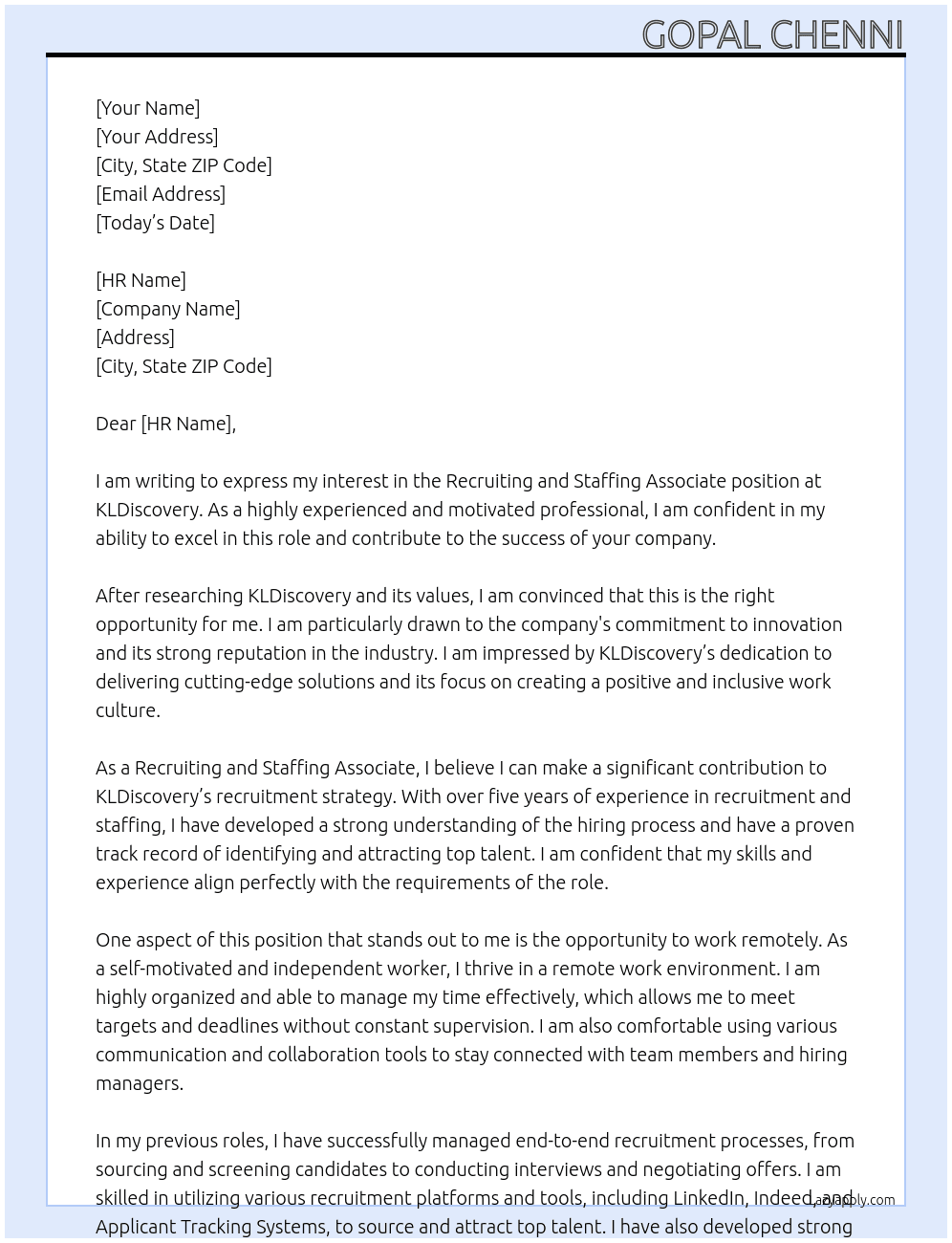 Recruiting and Staffing Associate (Remote) At KLDiscovery Cover Letter