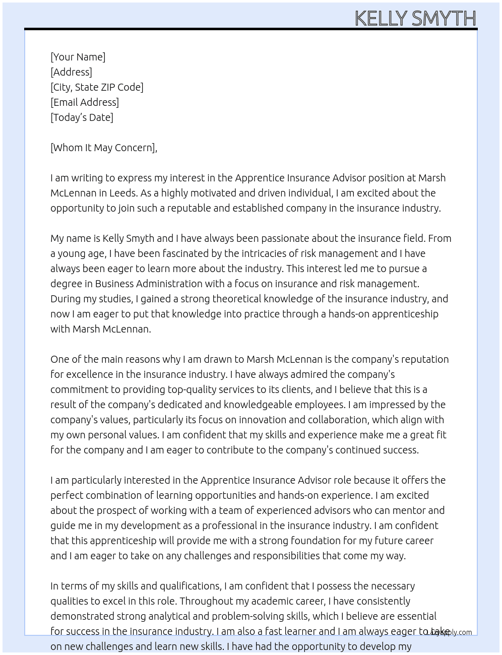 Apprentice insurance advisor  At Marsh McLennan Cover Letter