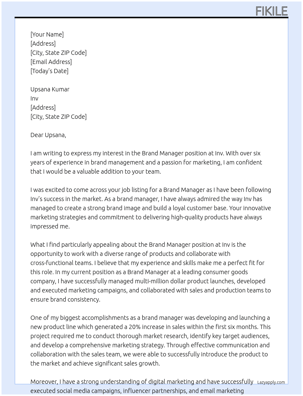 Brand Manager At Inv Cover Letter