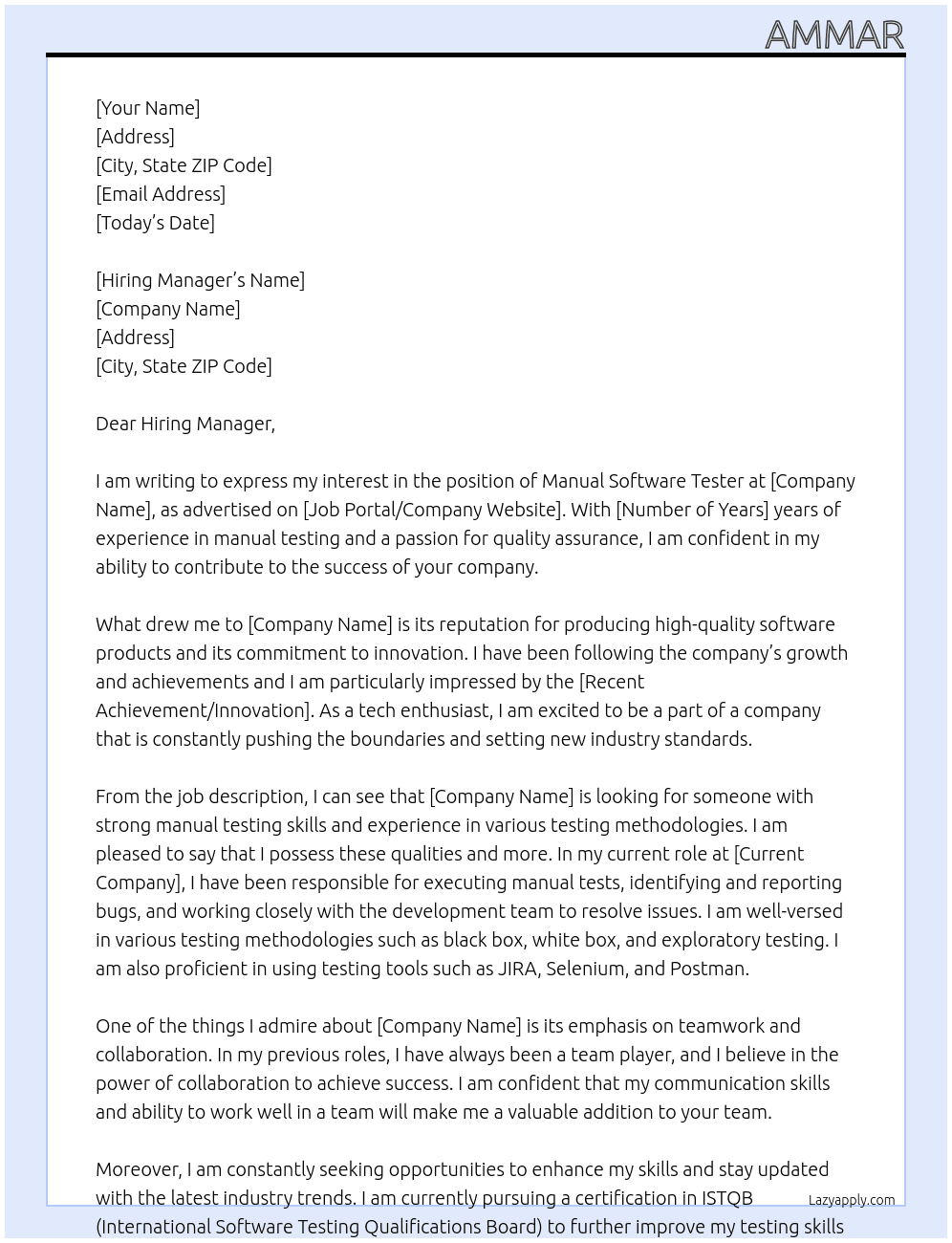 Manual software tester At example Cover Letter