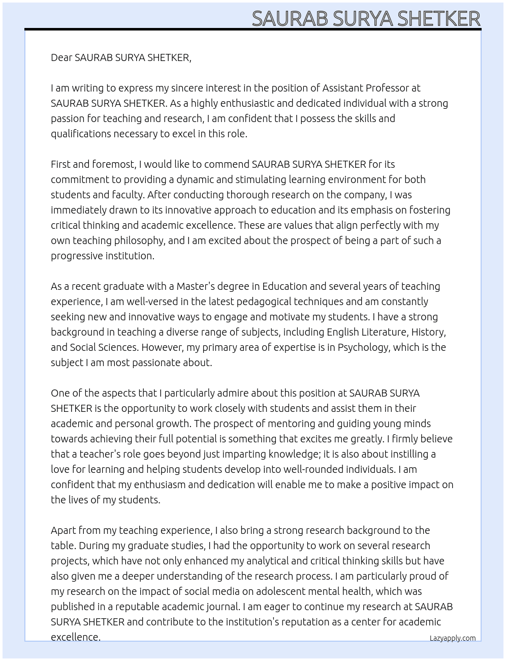 ASSISTANT PROFESSOR At SAURAB SURYA SHETKER Cover Letter