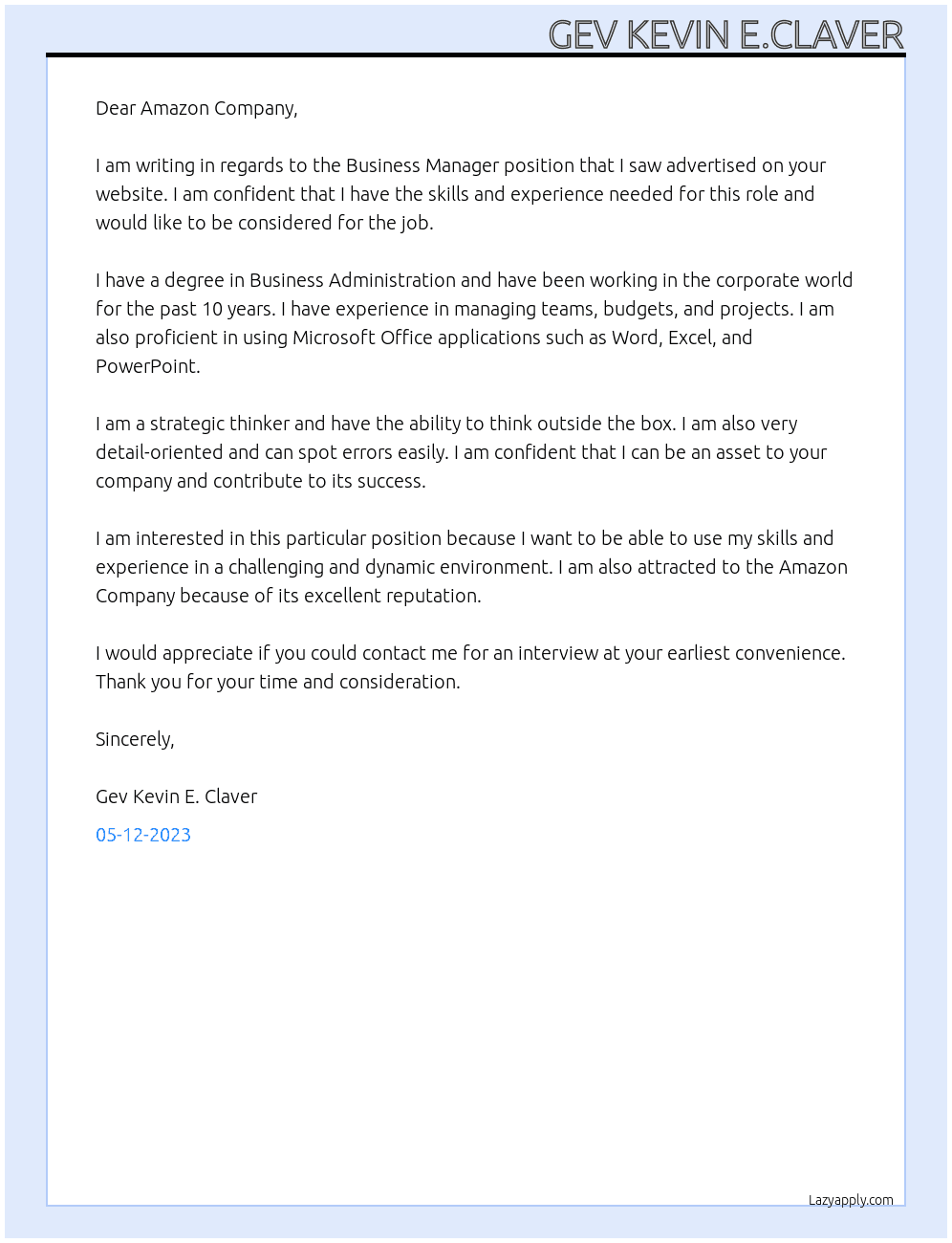 Business manager  At Amazon Company Cover Letter