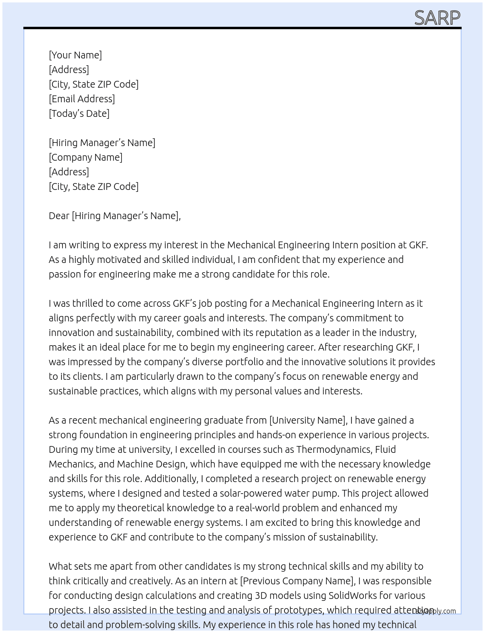 Mechanical Engineering Intern At GKF Cover Letter