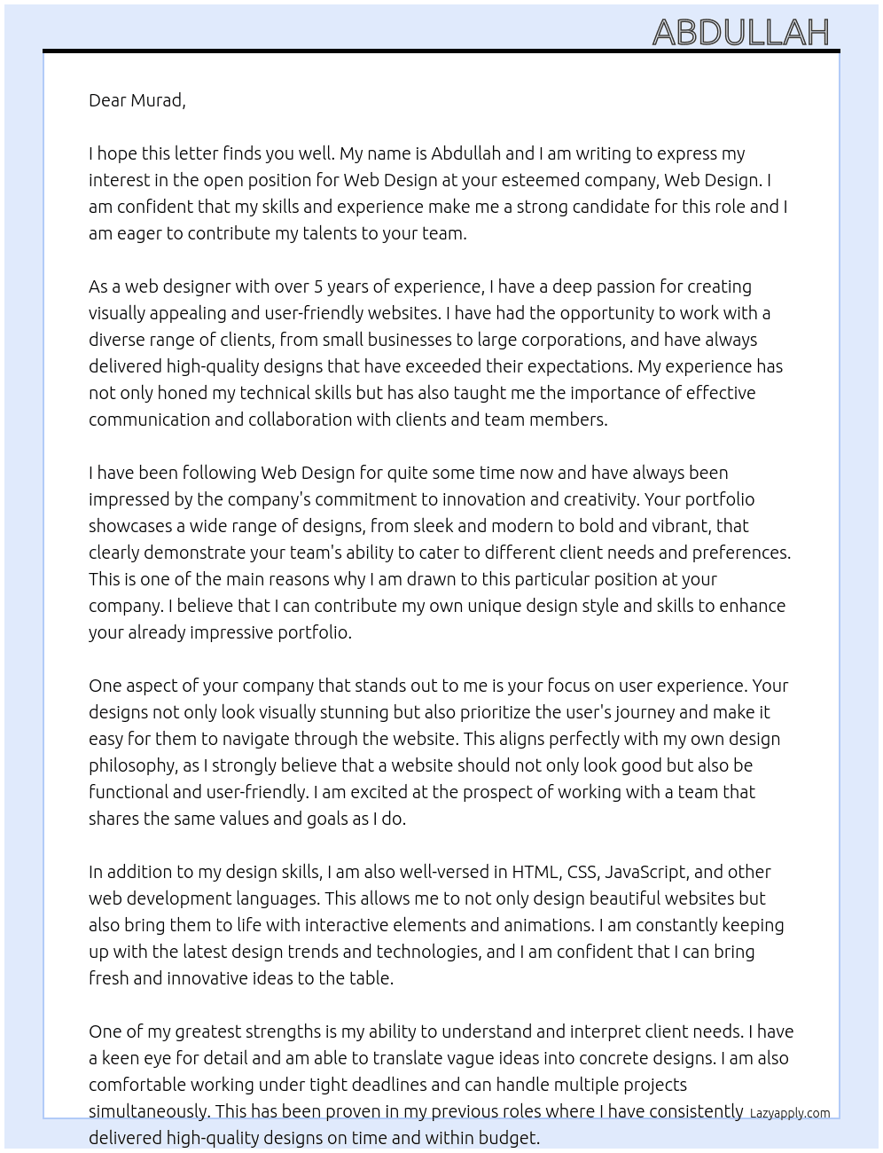 Web design  At Web design  Cover Letter