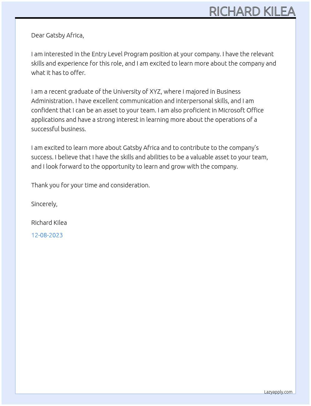 Entry Level Program At Gatsby Africa  Cover Letter